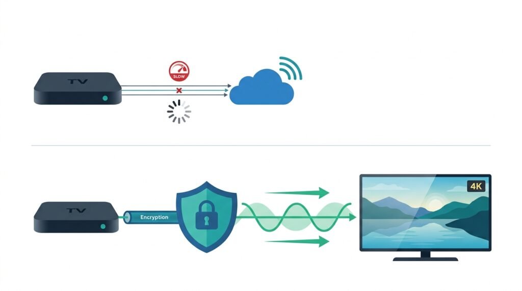 Illustration 2D vectorielle de la protection vpn pour iptv et boitier tv