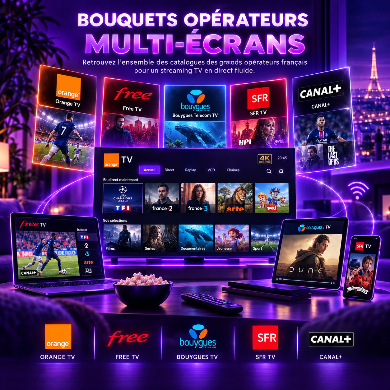 Streaming TV en direct - Opérateurs Free, Orange, SFR, Bouygues